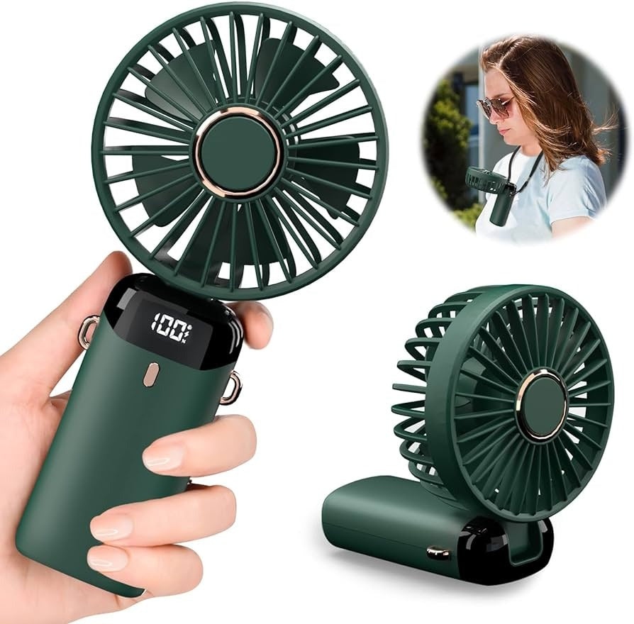 Digital Display Portable Mini Fan with LED display, handheld and wearable for versatile summer cooling.